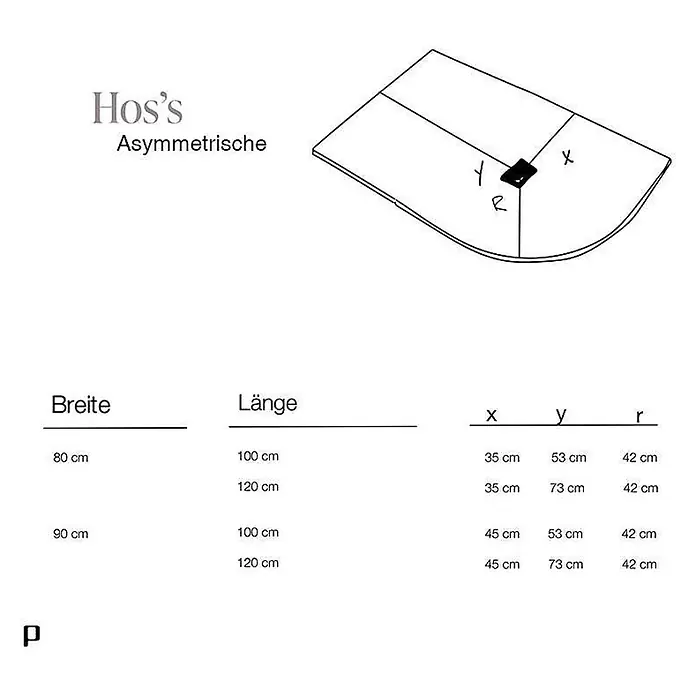 Poalgi Duschwanne Hos's SCA - L x B: 100 x 90 cm, Verbundwerkstoff, Antracita - Diagramm einer asymmetrischen Duschwanne/Badewanne mit X, Y, R Maßen und Tabelle für verschiedene Breiten und Längen.
