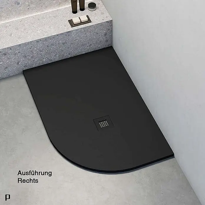 Poalgi Duschwanne Hos's SCA - L x B: 120 x 90 cm, Verbundwerkstoff, Schwarz - Schwarze Viertelkreis-Duschwanne mit quadratischem Abfluss, Rechtsausführung, in einer modernen Dusche installiert.