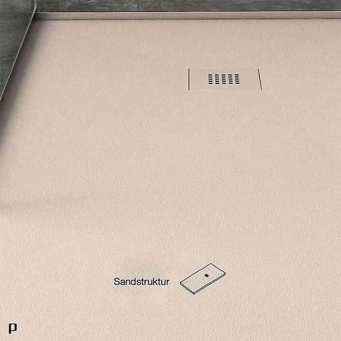 Poalgi Duschwanne Arena - L x B: 120 x 80 cm, Verbundwerkstoff, Perla - Helle beige Duschwanne mit Sandstruktur und linearem Ablauf.