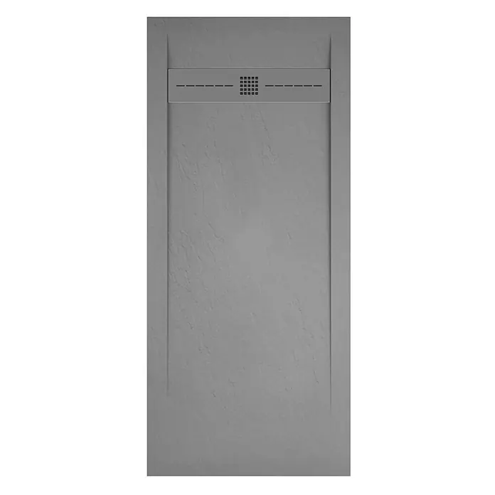 Poalgi Duschwanne Gneis - L x B: 180 x 80 cm, Verbundwerkstoff, Grau - Graue Duschwanne in Schieferoptik mit linearem Ablauf und quadratischem Gittermuster.