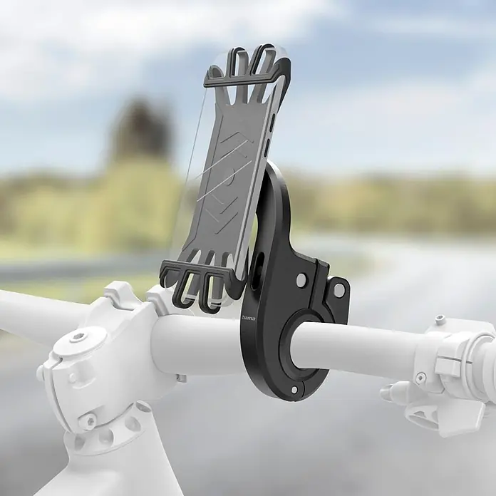 Hama Handyhalter 00201975 für E-Bike schnelle Anbringung Silikon drehbar universal - Schwarz - Schwarzer Smartphone-Halter mit Klarsichtabdeckung, sicher am Fahrradlenker montiert für freihändige Nutzung.