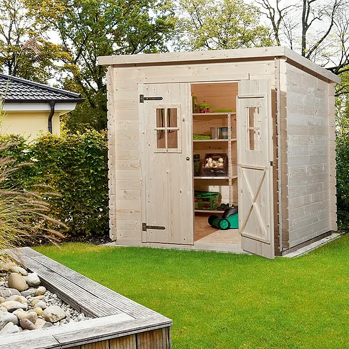 Weka Gartenhaus Milano I - Holz, Natur - Geräumiges Gartenhaus aus Holz mit geöffneten Doppeltüren, ideal zur Aufbewahrung von Gartengeräten und -möbeln.