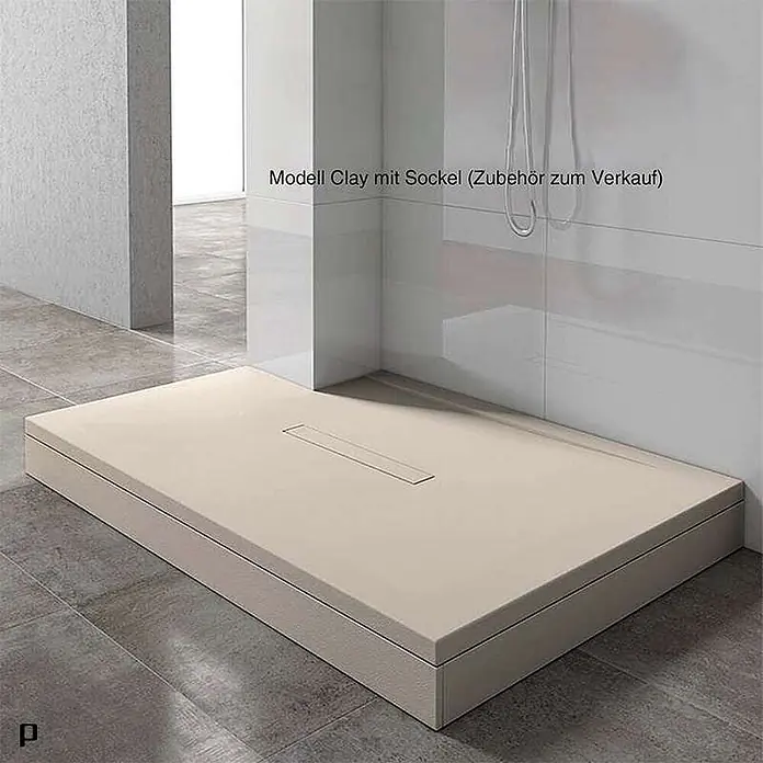 Poalgi Duschwanne Clay - L x B: 180 x 80 cm, Verbundwerkstoff, Perla - Hellbeige rechteckige Duschwanne mit linearem Ablauf, auf einem passenden Sockel in einer Duschkabine.