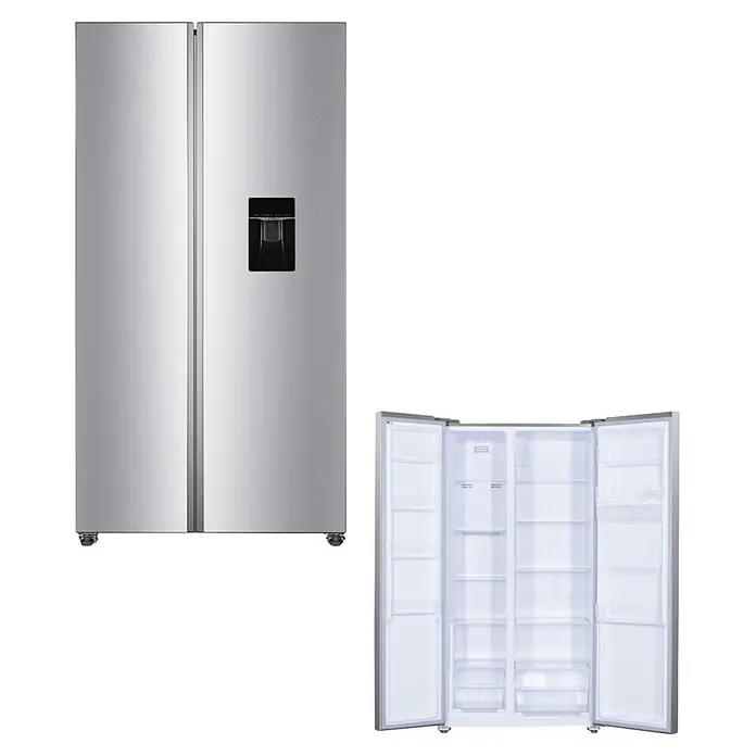 PKM Kühl-Gefrierkombination SBS400EIXWDAZ - Nutzinhalt Gesamt: 439 l, 99 x 91 x 177 cm, Inox - Silberner Side-by-Side-Kühlschrank, geschlossen mit Wasserspender und offen mit geräumigem Innenraum.