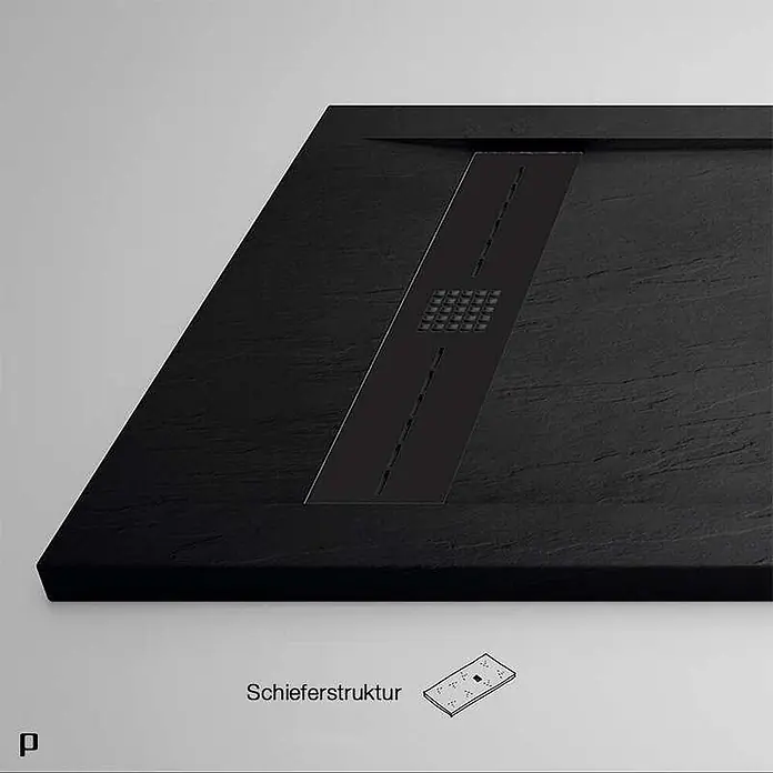 Poalgi Duschwanne Gneis - L x B: 180 x 80 cm, Verbundwerkstoff, Antracita - Schwarze Duschwanne mit Schieferstruktur und linearem Ablaufrost.