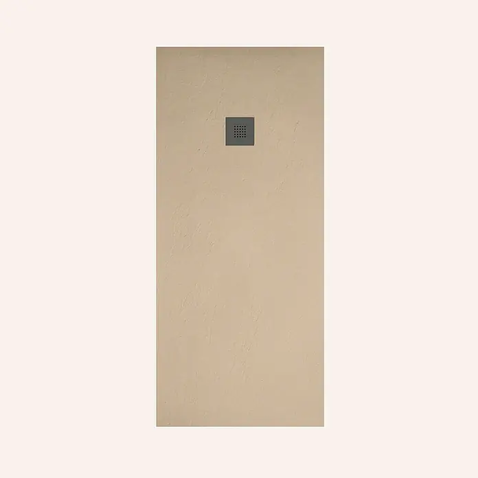 Poalgi Duschwanne Hos's HL - L x B: 120 x 90 cm, Verbundwerkstoff, Beige - Rechteckige, hellbeige, texturierte Duschwanne mit einem dunkelgrauen, quadratischen Ablauf.