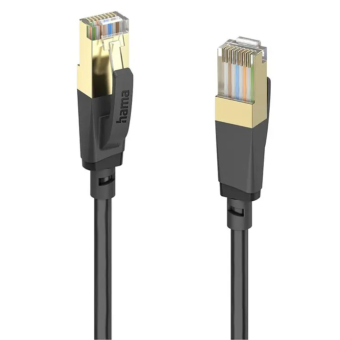 Hama Netzkabel 00202003 RJ45 CAT 8 S/FTP - Schwarz, Länge: 5 m - Zwei vergoldete RJ45-Ethernet-Stecker an einem schwarzen Kabel mit farbigen Innenleitern.
