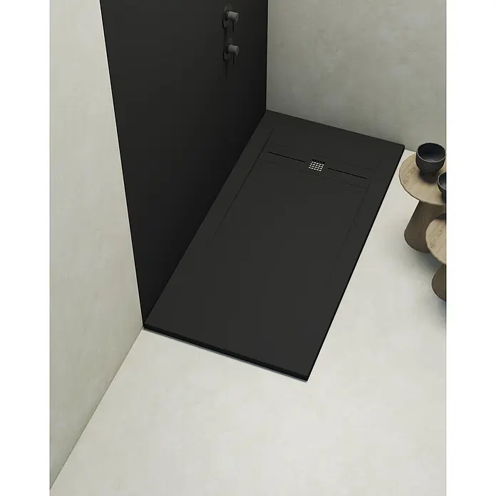 Poalgi Duschwanne Gneis - L x B: 120 x 90 cm, Verbundwerkstoff, Schwarz - Schwarze, rechteckige Duschwanne mit integriertem Abfluss.