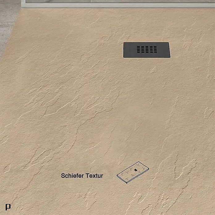 Poalgi Duschwanne Hos's HL - L x B: 120 x 90 cm, Verbundwerkstoff, Beige - Beige Duschwanne mit Schiefertextur und dunkelgrauem, rechteckigem Abflussrost.