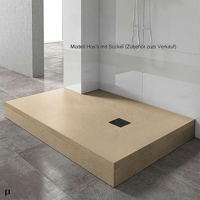Poalgi Duschwanne Hos's HL - L x B: 120 x 90 cm, Verbundwerkstoff, Beige - Beige, rechteckige Duschwanne mit strukturierter Oberfläche und schwarzem Ablaufgitter, in einer Duschkabine platziert.
