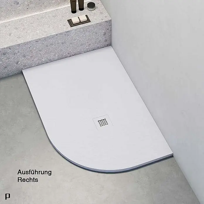 Poalgi Duschwanne Hos's SCA - L x B: 100 x 90 cm, Verbundwerkstoff, Blanco - Weisse, rechte Viertelkreis-Duschwanne mit zentralem Ablauf, in einer Badezimmerecke.
