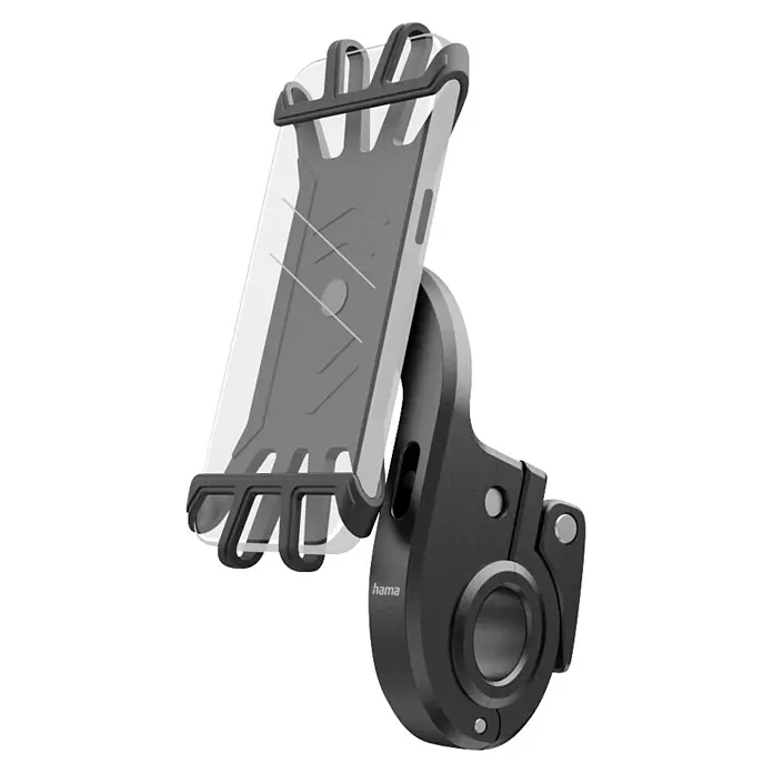 Hama Handyhalter 00201975 für E-Bike schnelle Anbringung Silikon drehbar universal - Schwarz - Schwarze Smartphone-Halterung mit transparenter Hülle, zur Lenkerbefestigung.