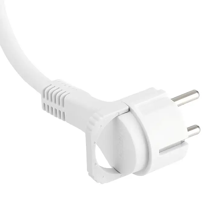 Hama Verlängerungskabel 00223242 mit Schutzkontakt Flachstecker - Weiß - Weißer gewinkelter Schutzkontaktstecker mit angeschlossenem Kabel.