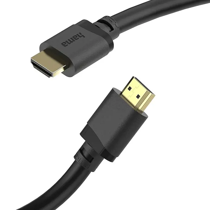 Hama HDMI-Kabel 00202028 8K UHD Audio Return Channel eARC HDMI-Kabel - Schwarz, 2 m - Zwei schwarze HDMI-Kabelstecker mit vergoldeten Spitzen, einer mit ‚hama‘-Branding.