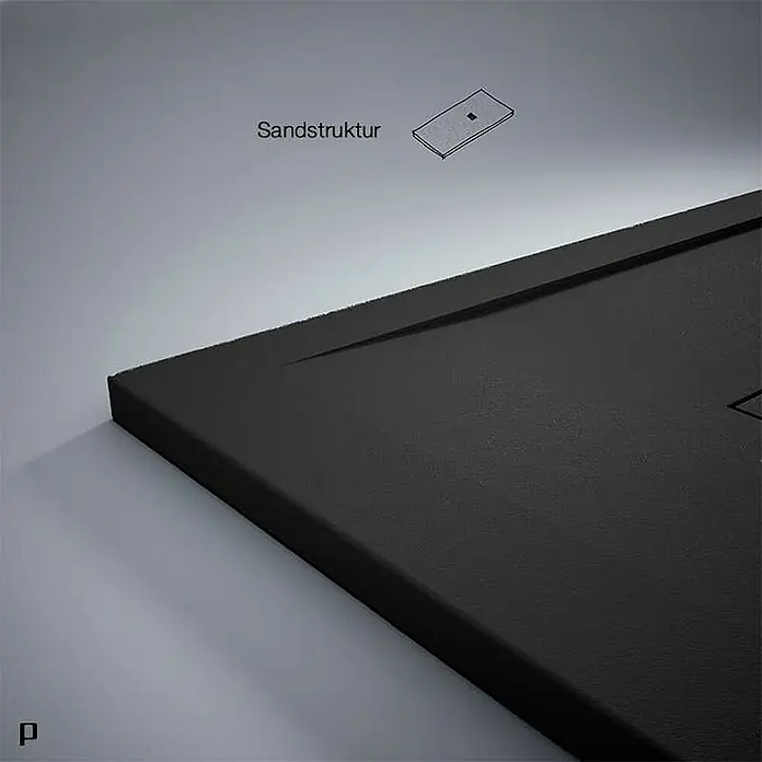 Poalgi Duschwanne Clay - L x B: 120 x 90 cm, Verbundwerkstoff, Schwarz - Schwarze Duschwanne mit Sandstruktur-Oberfläche und linearem Ablauf.