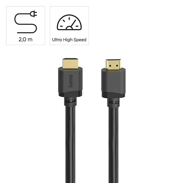 Hama HDMI-Kabel 00202028 8K UHD Audio Return Channel eARC HDMI-Kabel - Schwarz, 2 m - Schwarzes Hama 2,0 m Ultra High Speed HDMI-Kabel mit vergoldeten Anschlüssen.