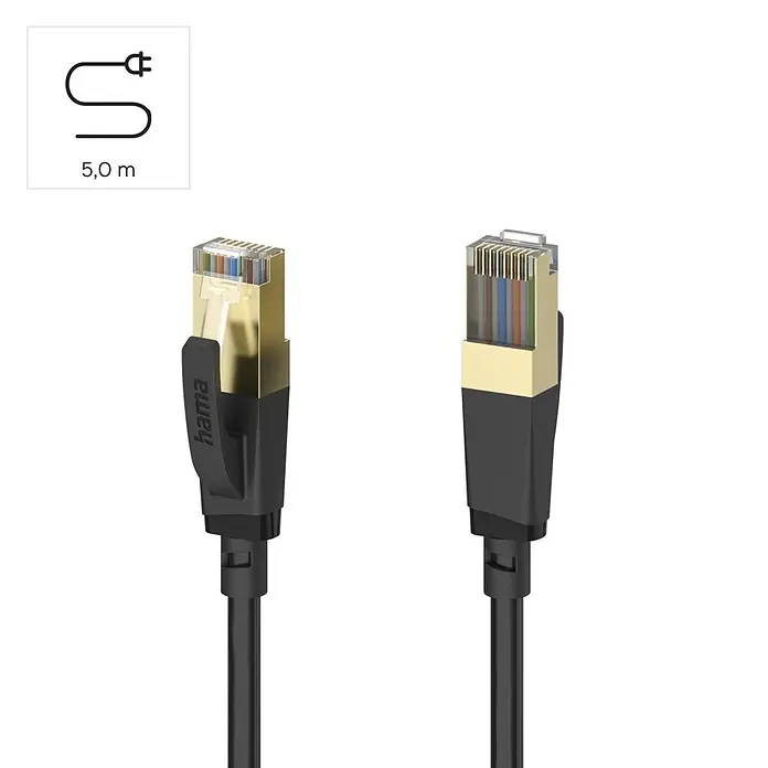 Hama Netzkabel 00202003 RJ45 CAT 8 S/FTP - Schwarz, Länge: 5 m - Schwarzes Ethernet (LAN) Kabel mit goldfarbenen und transparenten Steckern, 5,0 m lang.