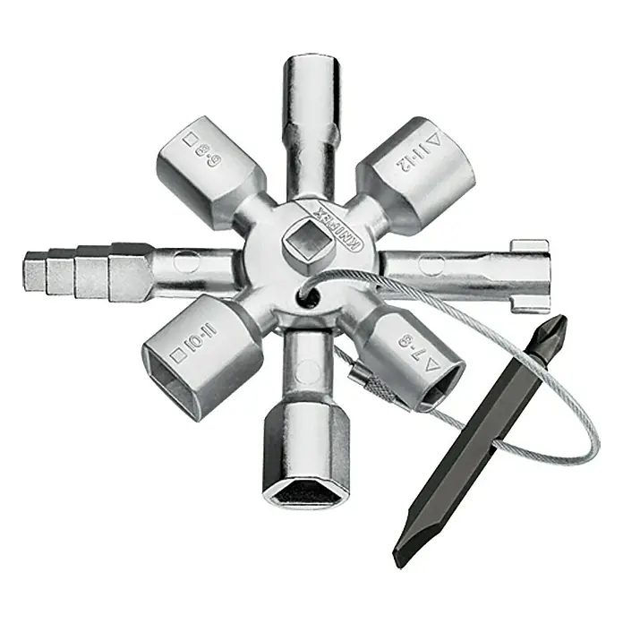 Knipex Universal-Schlüssel Twin Key - 10 Werkzeuge - Multifunktions-Schaltschrankschlüssel von Knipex, ein vielseitiges Werkzeug für verschiedene Schranktypen.