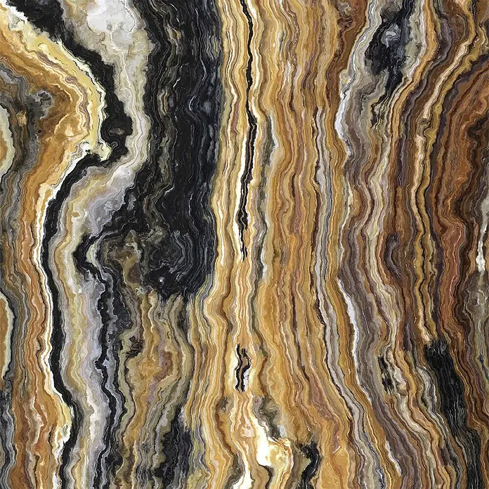 SanDesign Acryl-Verbundplatte - 100 x 250 cm, Colored Onyx - Gemusterte Marmor- oder Onyxoberfläche mit welligen braunen, schwarzen, goldenen und weißen Adern.