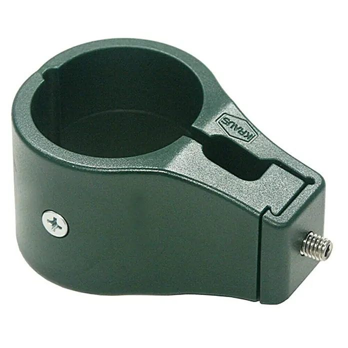 Kraus Dino Pro Universalschelle 1-Fach - Durchmesser: 42 mm, Grün - Produktbild einer dunkelgrünen Kraus-Rohrschelle mit Schrauben zur Befestigung.