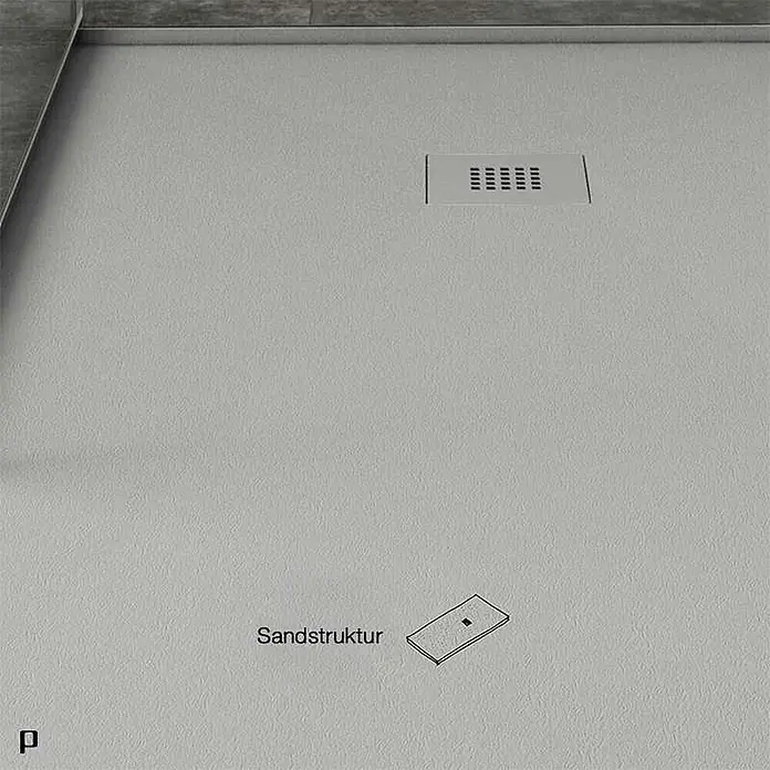 Poalgi Duschwanne Arena SQ - L x B: 100 x 100 cm, Verbundwerkstoff, Grau - Hellgraue Duschwanne mit Sandstruktur und integriertem rechteckigem Ablauf.