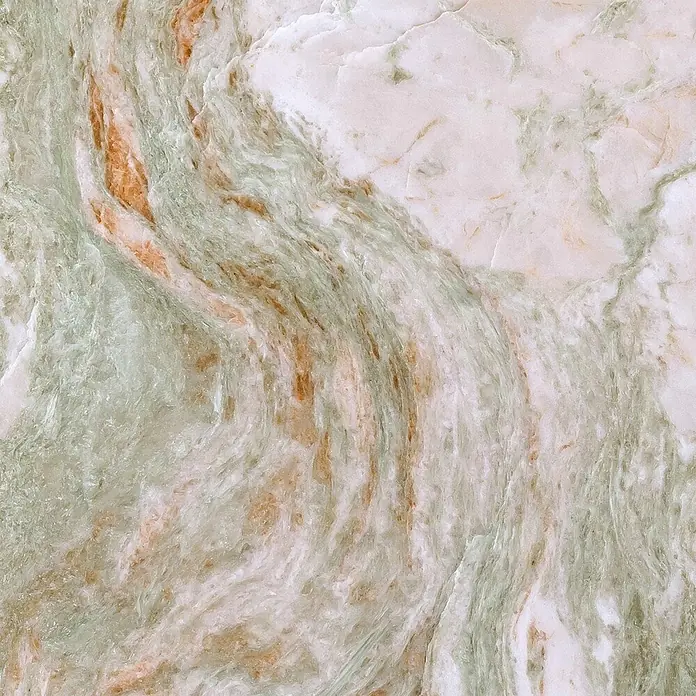 SanDesign Acryl-Verbundplatte - 100 x 250 cm, Green Onyx - Hellgrüne und weiße Marmorstruktur mit rotbraunen Adern.