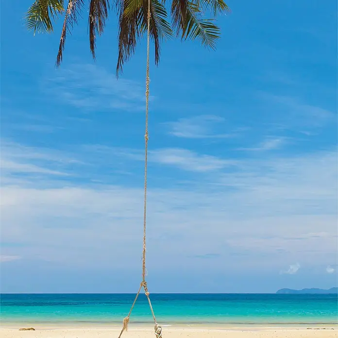 SanDesign Acryl-Verbundplatte - 100 x 250 cm, Holiday - Eine Seilschaukel hängt von einer Palme über einem Sandstrand mit türkisfarbenem Meer und blauem Himmel.