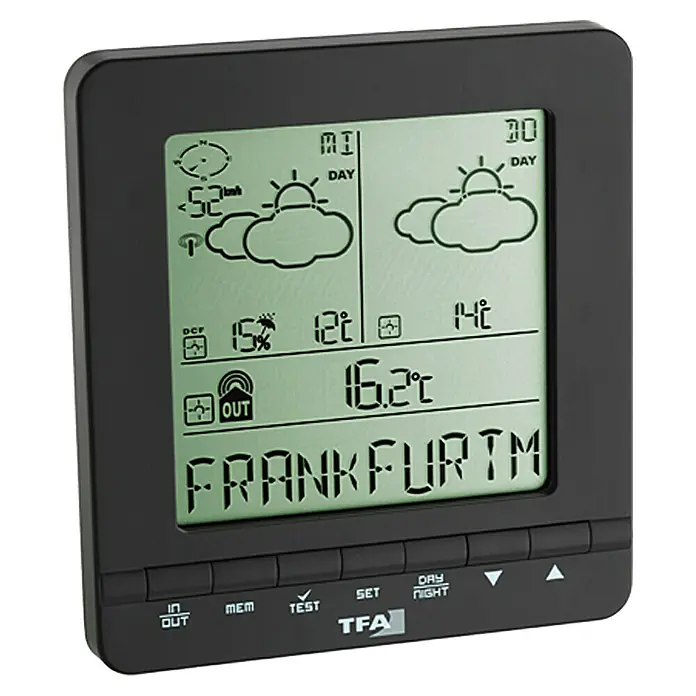TFA Dostmann Wetterstation Meteotime Easy - Digital, Schwarz - Wetterstation mit Anzeige von Innen- und Außentemperatur, Luftfeuchtigkeit und Wettervorhersage für Frankfurt.