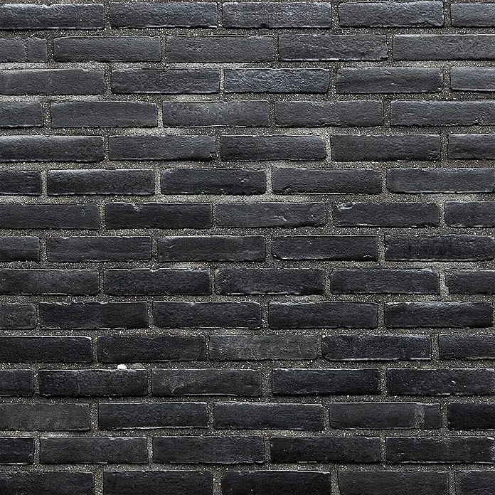 SanDesign Alu-Verbundplatte - 100 x 250 cm, Black Brick Wall - Nahaufnahme einer dunkelgrauen Ziegelwand mit sichtbaren Mörtelfugen, die ein strukturiertes Mauerwerksmuster bildet.