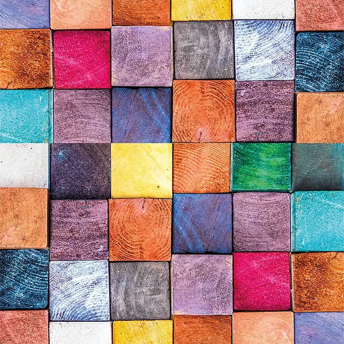 SanDesign Alu-Verbundplatte - 100 x 250 cm, Colored Wood - Farbenfrohes Mosaik aus quadratischen Holzblöcken, in verschiedenen Farben bemalt mit sichtbarer Holzmaserung.