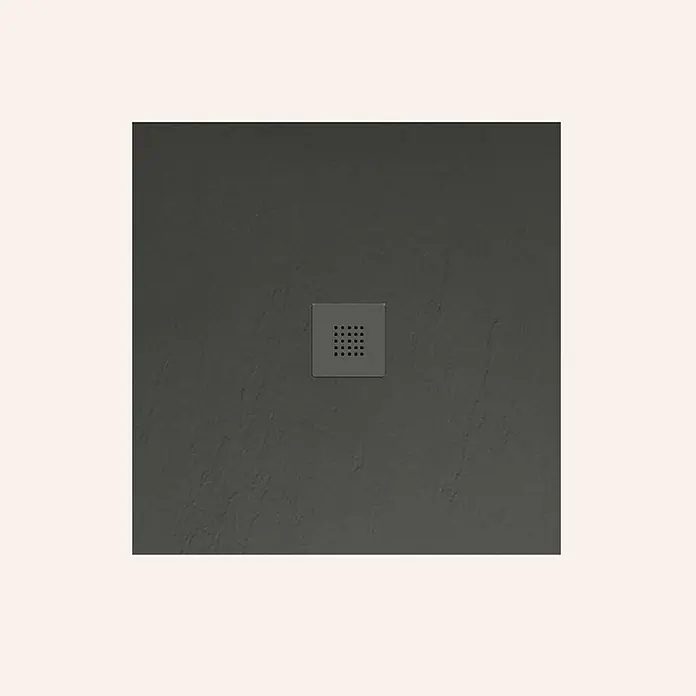 Poalgi Duschwanne Hos's SQ - L x B: 100 x 100 cm, Verbundwerkstoff, Schwarz - Dunkelgraue, texturierte Duschwanne mit integriertem quadratischem Ablaufgitter.
