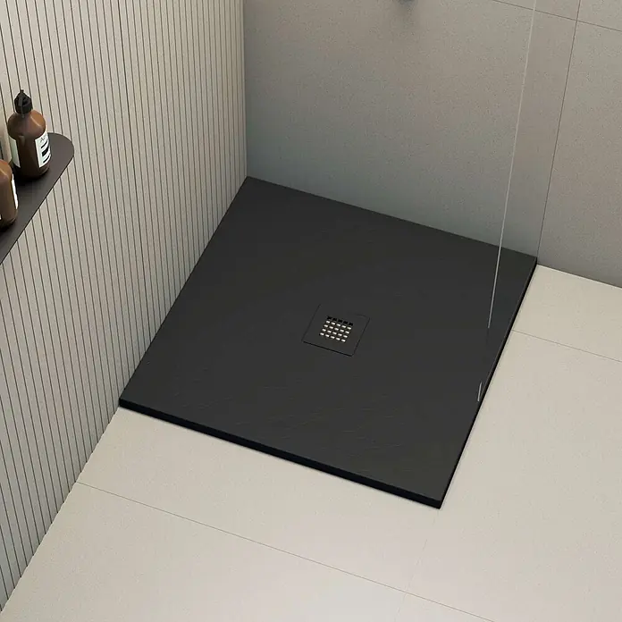 Poalgi Duschwanne Arena SQ - L x B: 100 x 100 cm, Verbundwerkstoff, Schwarz - Strukturierte schwarze Duschwanne mit quadratischem Abfluss, integriert in eine moderne Duschkabine.
