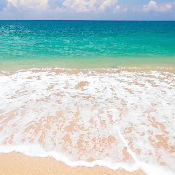 SanDesign Alu-Verbundplatte - 100 x 250 cm, Footsteps - Ein Sandstrand mit schäumenden weißen Wellen, klarem türkisfarbenem Meer und blauem Himmel mit weißen Wolken.