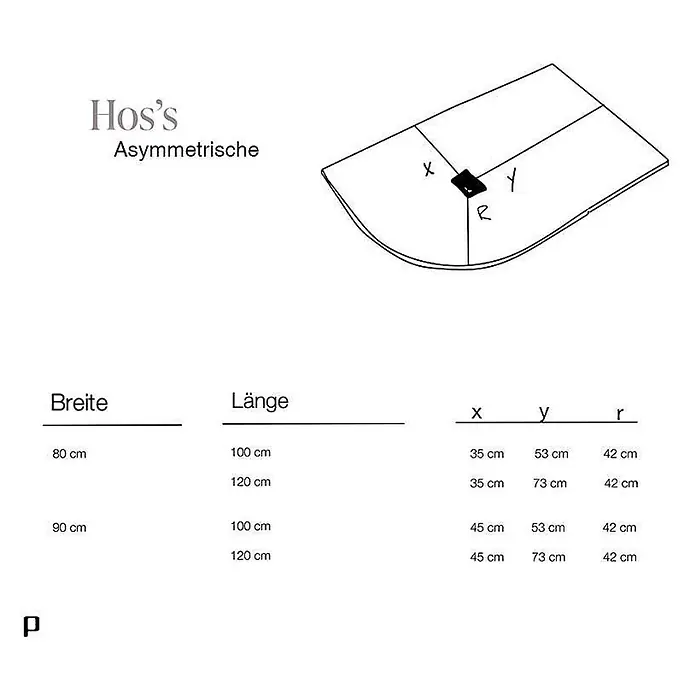 Poalgi Duschwanne Hos's SCA - L x B: 100 x 80 cm, Verbundwerkstoff, Antracita - Diagramm und Maßtabelle für eine asymmetrische Duschwanne, mit Breite, Länge und detaillierten Maßen (x, y, r) für verschiedene Größen.