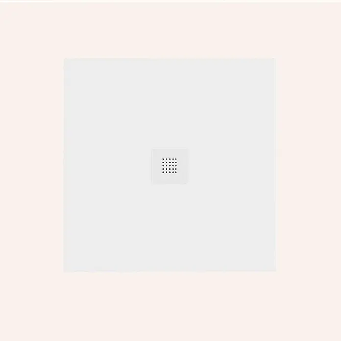 Poalgi Duschwanne Arena SQ - L x B: 100 x 100 cm, Verbundwerkstoff, Blanco - Hellgraue quadratische Abdeckung mit einem Raster aus kleinen runden Löchern.
