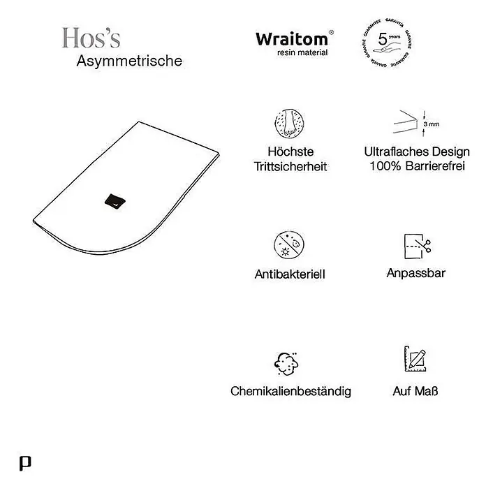 Poalgi Duschwanne Hos's SCA - L x B: 100 x 90 cm, Verbundwerkstoff, Antracita - Diagramm einer weißen, asymmetrischen Duschwanne aus Harz mit integriertem Abfluss.