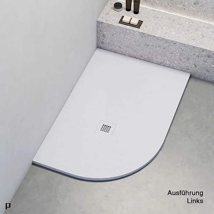 Poalgi Duschwanne Hos's SCA - L x B: 100 x 90 cm, Verbundwerkstoff, Blanco - Weiße Duschwanne in Viertelkreisform mit quadratischem Ablauf, in moderner Bad-Ecke installiert.