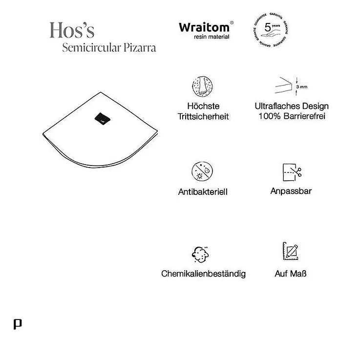 Poalgi Duschwanne Hos's SC - L x B: 90 x 90 cm, Verbundwerkstoff, Humo - Halbkreisförmige Duschwanne aus Harzmaterial mit ultraflachem Design.