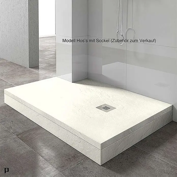 Poalgi Duschwanne Arena - L x B: 220 x 100 cm, Verbundwerkstoff, Marfil - Weißes, erhöhtes Duschbecken mit strukturierter Oberfläche und Metallablauf.
