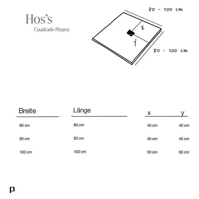 Poalgi Duschwanne Hos's SQ - L x B: 100 x 100 cm, Verbundwerkstoff, Tundra - Diagramm einer quadratischen Duschwanne mit zentralem Ablauf, das verfügbare Maße und Ablaufpositionen (x, y) für 80, 90 und 100 cm Größen zeigt.