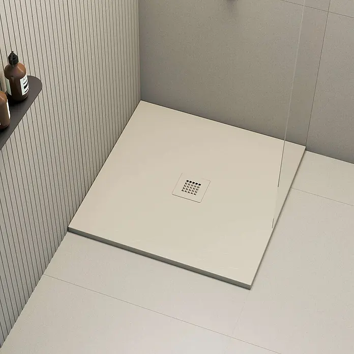 Poalgi Duschwanne Hos's SQ - L x B: 80 x 80 cm, Verbundwerkstoff, Perla - Helle beige quadratische Duschwanne mit Metallablaufgitter, in einer modernen Duschecke.