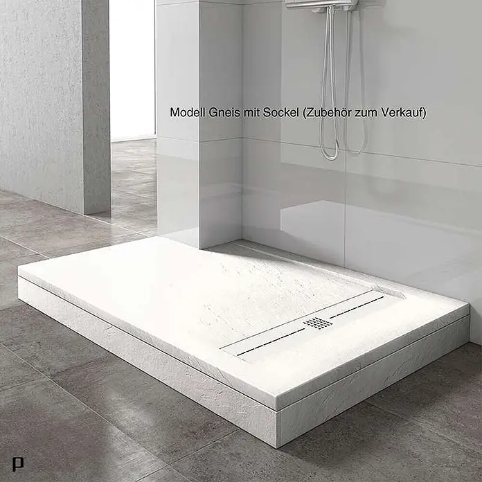 Poalgi Duschwanne Gneis - L x B: 140 x 80 cm, Verbundwerkstoff, Blanco - Weißes Duschbecken Modell Gneis mit Sockel und linearem Ablauf für moderne Bäder.