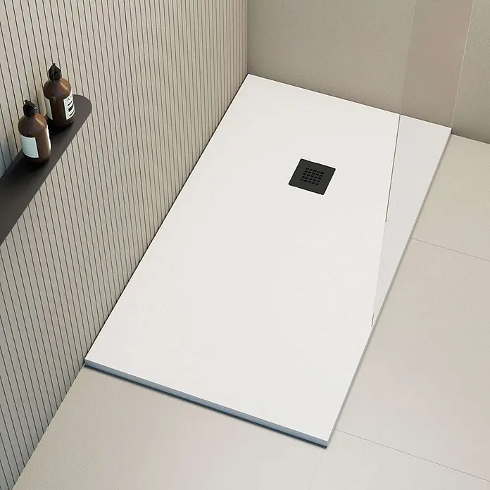 Poalgi Duschwanne Hos's HL - L x B: 130 x 80 cm, Verbundwerkstoff, Blanco - Weißes, rechteckiges Duschbecken mit schwarzem Abfluss, in moderner Duschkabine.