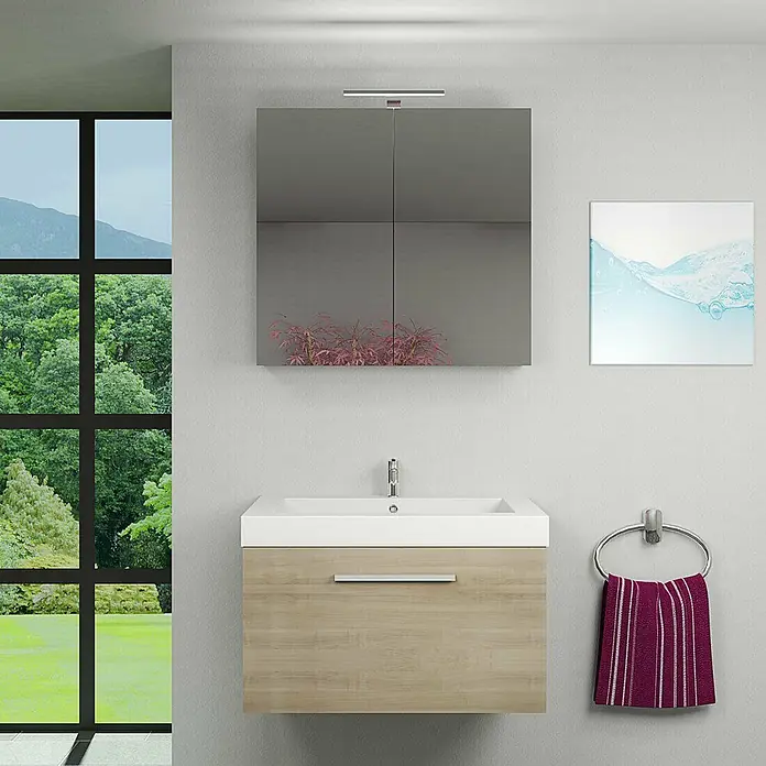 AcquaVapore Spiegelschrank Fertigdusche City-SPS-B100-F09 - B x H: 16 x 75 cm - Badezimmermöbel aus Holzoptik mit weißem Waschbecken, Spiegelschrank und Handtuchring, in hellem Bad mit Landschaftsblick.