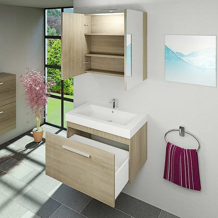AcquaVapore Spiegelschrank Fertigdusche City-SPS-B100-F09 - B x H: 16 x 75 cm - Moderne Badezimmereinheit aus hellem Holz und Weiß mit Keramikwaschbecken, offener Schublade und Spiegelschrank mit offener Tür, Stauraum zeigend.
