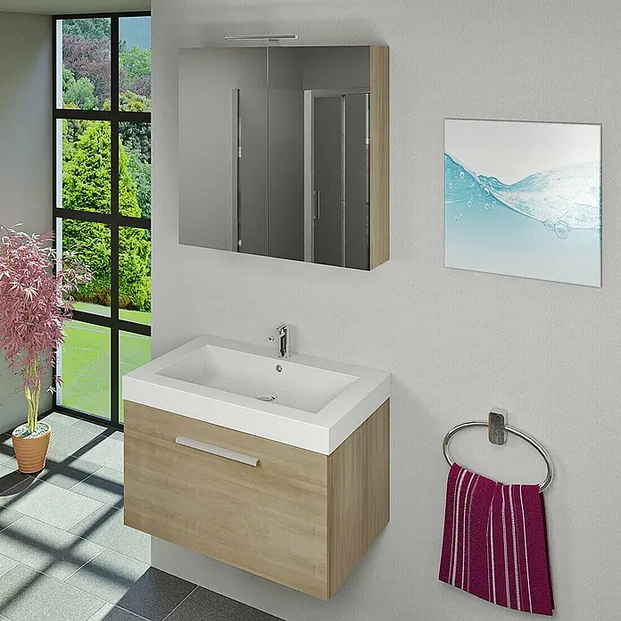 AcquaVapore Spiegelschrank Fertigdusche City-SPS-B100-F09 - B x H: 16 x 75 cm - Helles Badmöbel-Set aus Holz mit weißem Waschbecken und passendem Spiegelschrank in einem modernen Badambiente.
