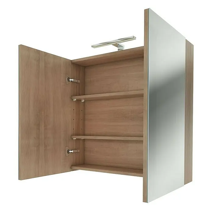 AcquaVapore Spiegelschrank Fertigdusche City-SPS-B100-F09 - B x H: 16 x 75 cm - Offener Spiegelschrank aus Holz mit integrierter Beleuchtung und verstellbaren Einlegeböden.