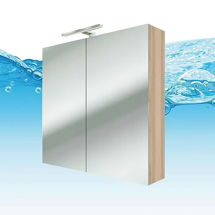 AcquaVapore Spiegelschrank Fertigdusche City-SPS-B100-F09 - B x H: 16 x 75 cm - Verspiegelter Badschrank mit zwei Türen, Holzoptik-Seiten und integrierter Aufsatzleuchte.