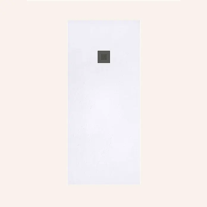 Poalgi Duschwanne Hos's HL - L x B: 130 x 80 cm, Verbundwerkstoff, Blanco - Weißes rechteckiges Duschbecken mit texturierter Oberfläche und dunkelgrauem quadratischem Ablauf.