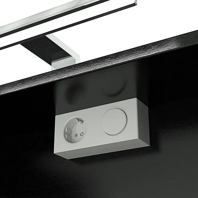 AcquaVapore Spiegelschrank Fertigdusche City-SPS-B160-F07-LED - B x H: 16 x 75 cm - Hellgraues Steckdosenmodul mit einer Steckdose und Blindplatte, unter einer dunklen Holzoberfläche montiert.
